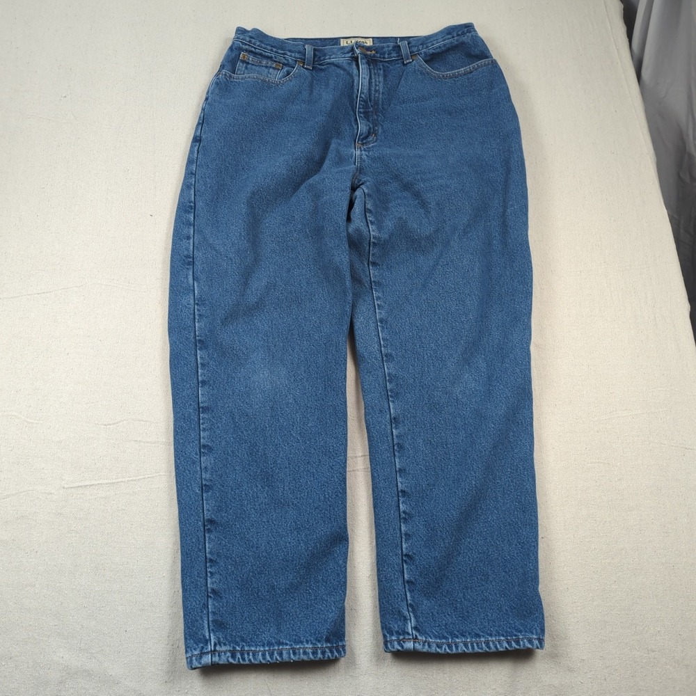LL Bean Jeans Womens 18 Blue Flannel Lined Denim High Rise Mom - Picture 2 of 16